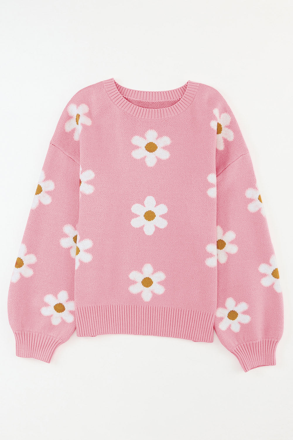 Pink 60s Floral Pattern Drop Shoulder Pullover Knit Sweater