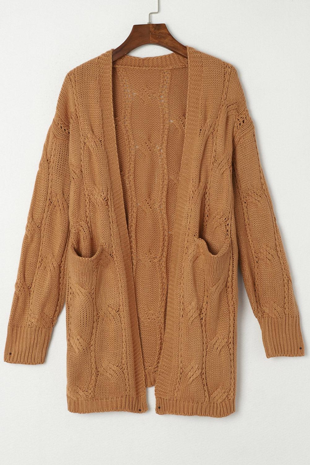 Khaki Ribbed Trim Hollow Knit Side Slits Cardigan