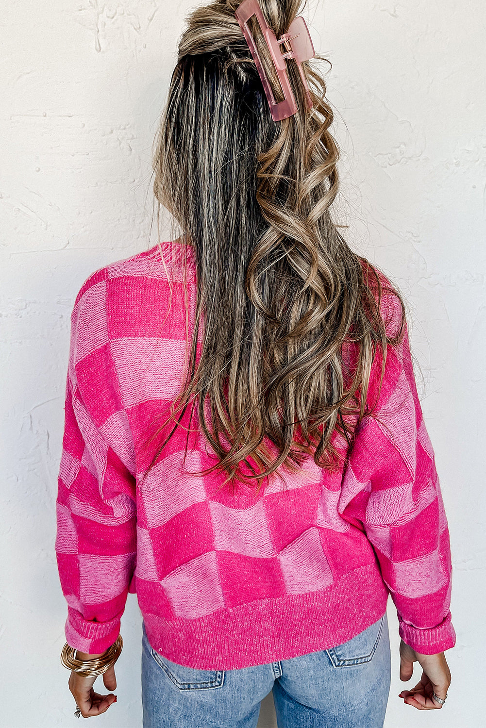 Orange Checkered Buttoned V Neck Drop Shoulder Cardigan