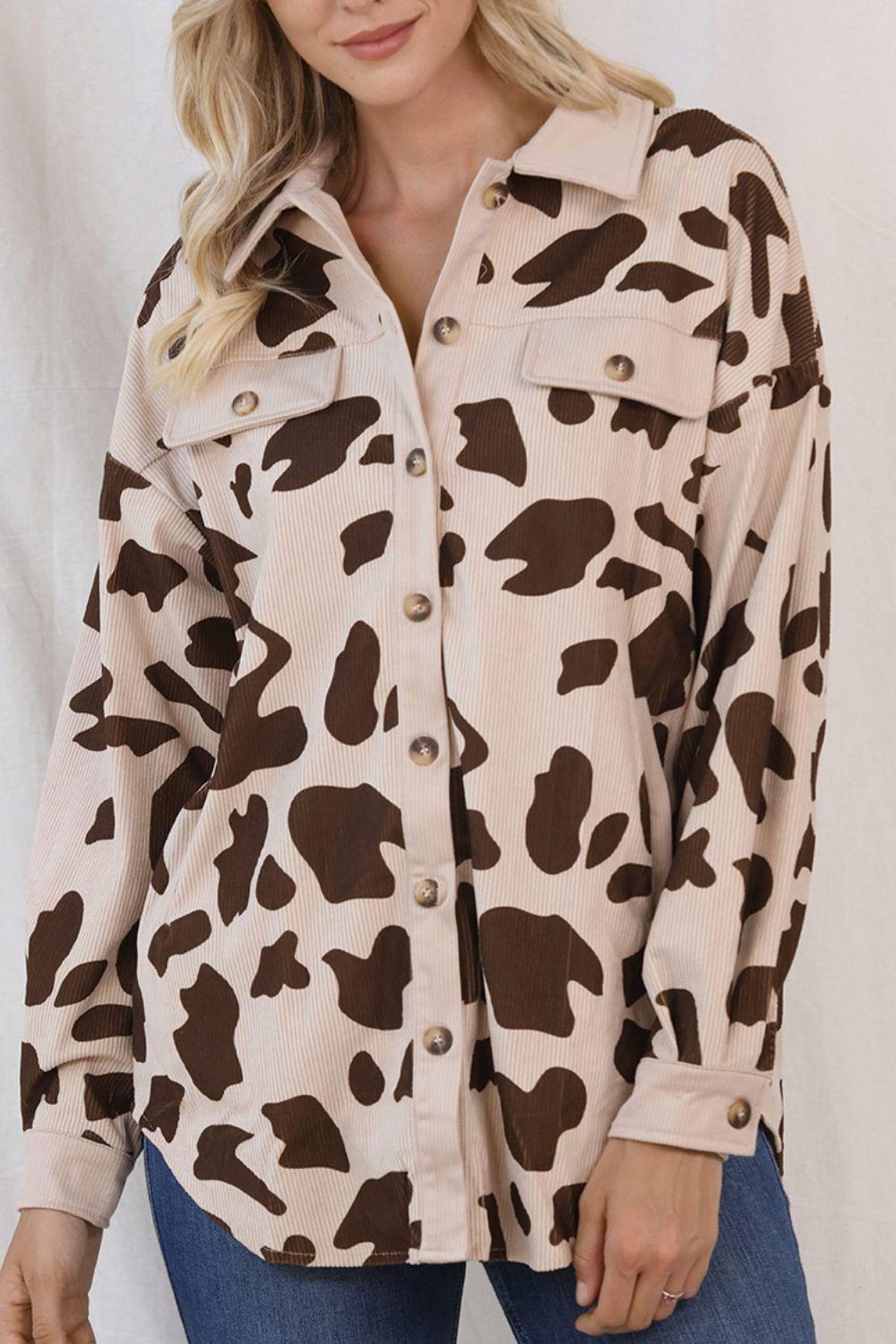 Cow Print Button Up Corduroy Shacket - PD SECRET REALM