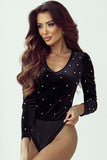 Pearl Detail Velvet V-Neck Long Sleeve Bodysuit - PD SECRET REALM