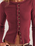 Ribbed Round Neck Long Sleeve Top - PD SECRET REALM