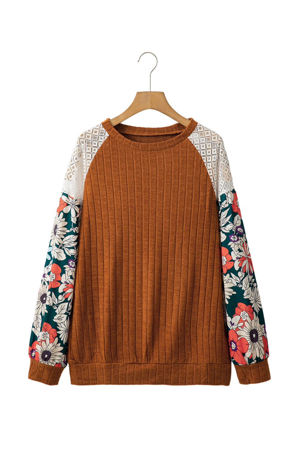 Laurel Green Floral Patchwork Raglan Sleeve Ribbed Blouse