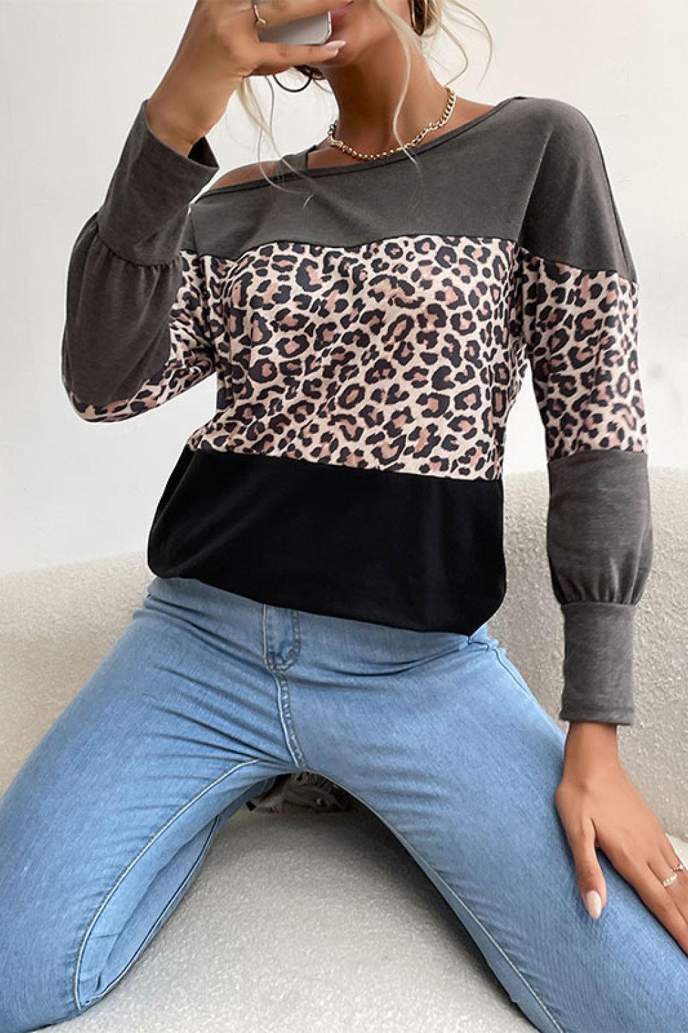 Perfee Leopard Print Color Block Cold  Shoulder Top