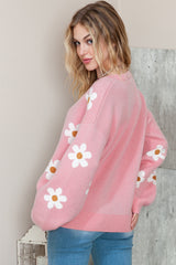 Pink 60s Floral Pattern Drop Shoulder Pullover Knit Sweater