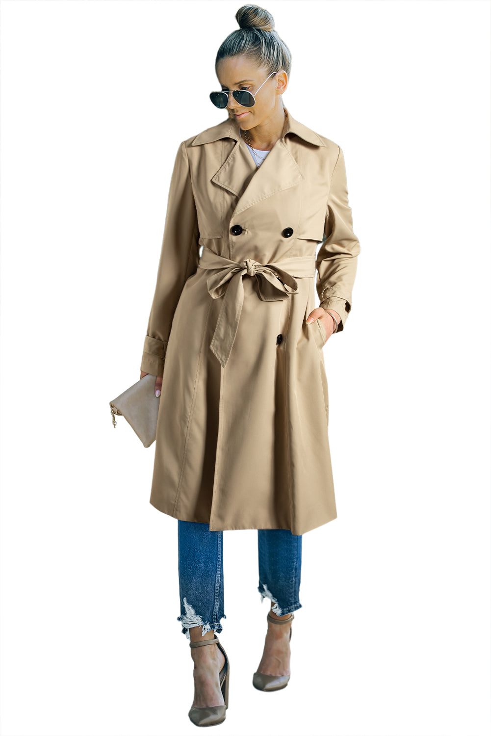 Pale Khaki Solid Color Lapel Collar Pocket Wind Coat