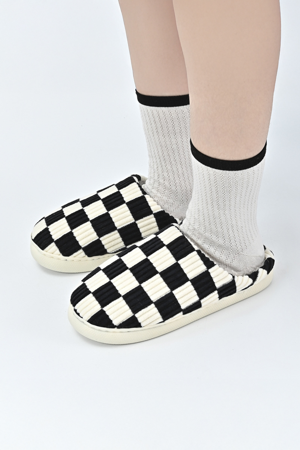 Black Checkered Fuzzy Winter Slippers