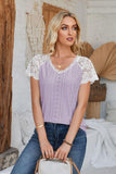 Eyelet V-Neck Lace Short Sleeve T-Shirt - PD SECRET REALM