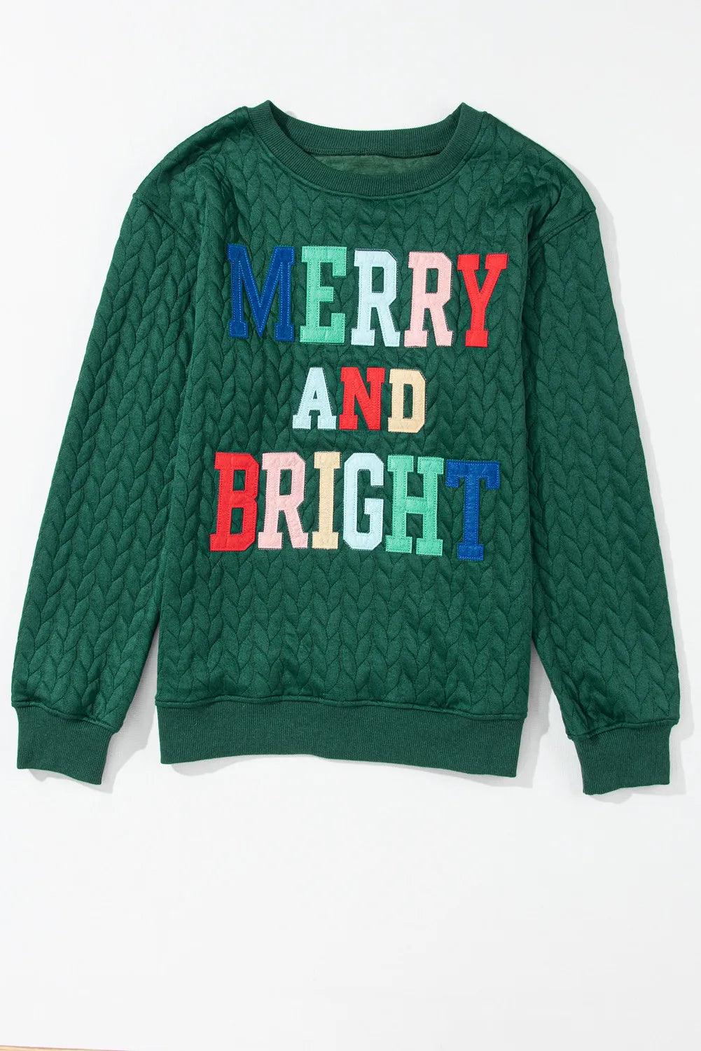 Full Size MERRY AND BRIGHT Cable Knit Pullover Sweatshirt - PD SECRET REALM