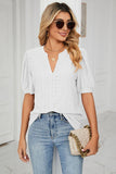 Eyelet Short Puff Sleeve Notched Neck Top - PD SECRET REALM