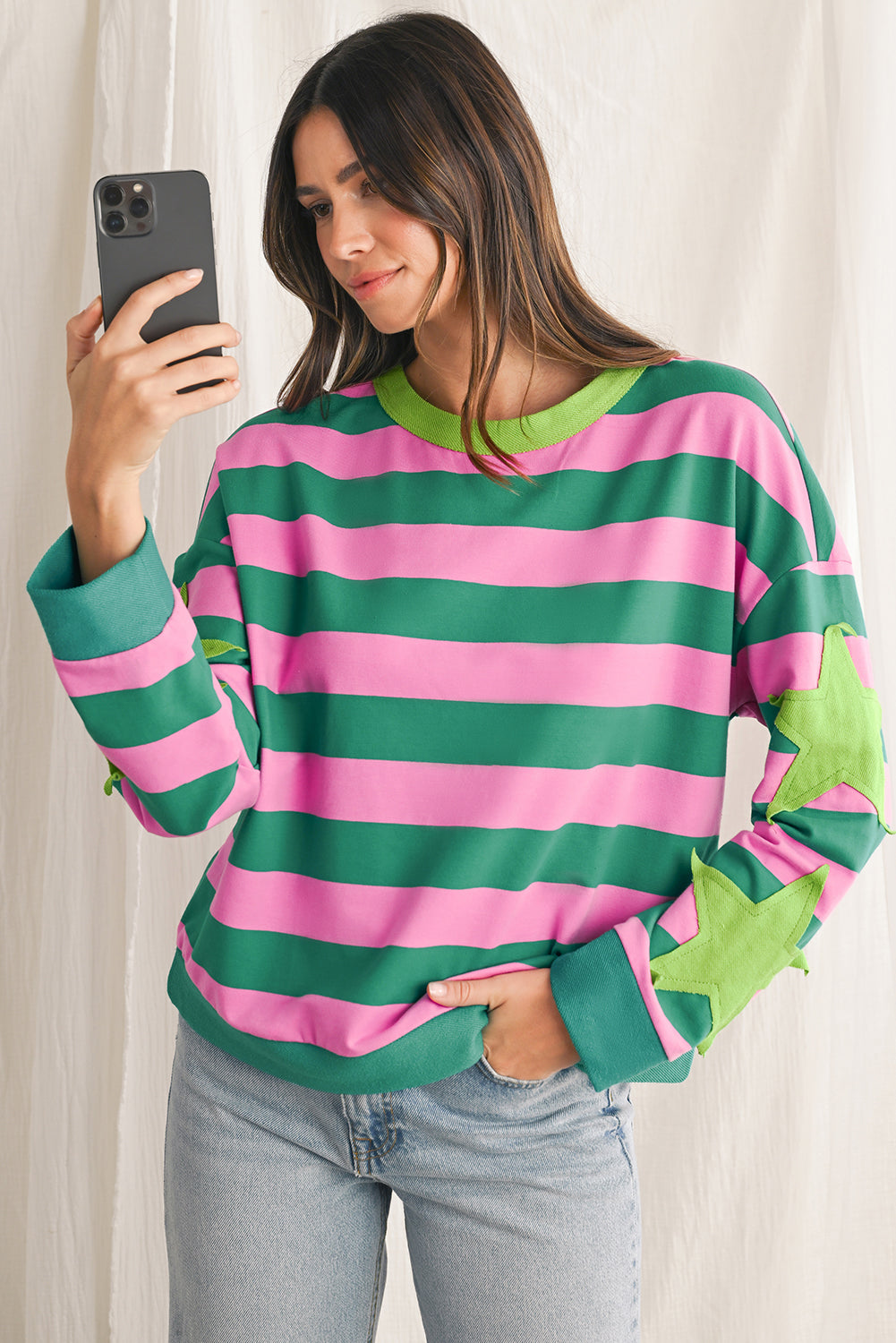 Pink Stripe Star Patchwork Round Neck Pullover Sweatshirt