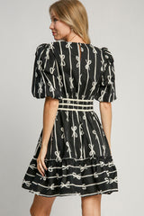 Ribbon Print Frill Contrast Velvet Trim Half Sleeve Dress