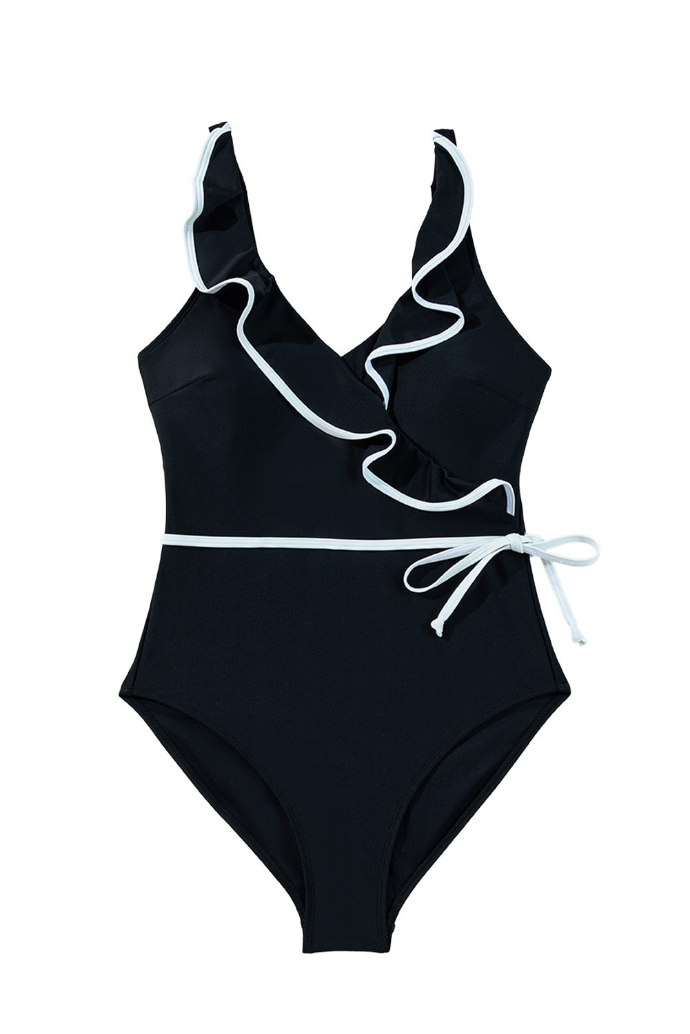 Black Color Contrast Ruffled Wrap V Neck Swimsuit