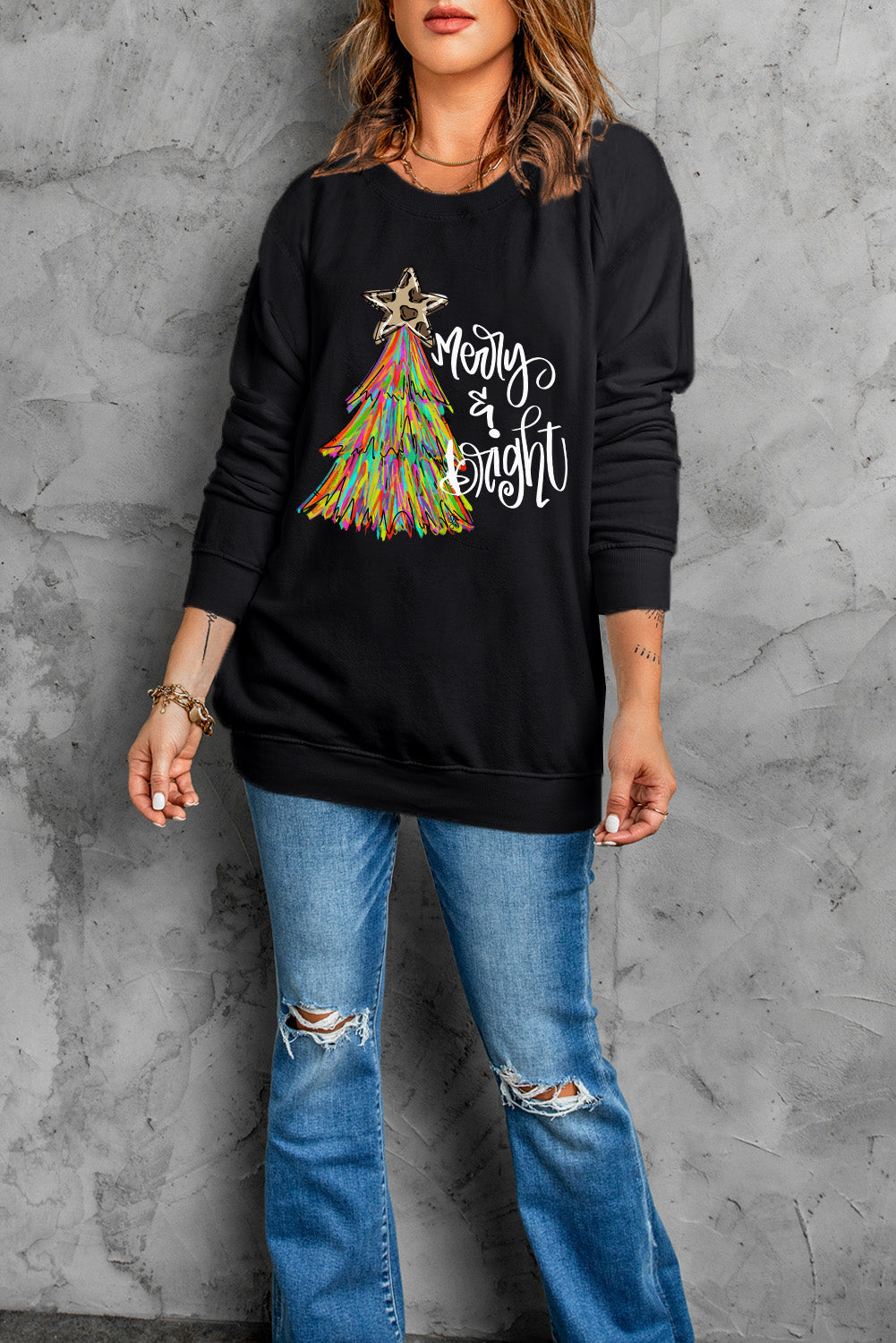 Black Merry Bright Christmas Tree Graphic Sweatshirt