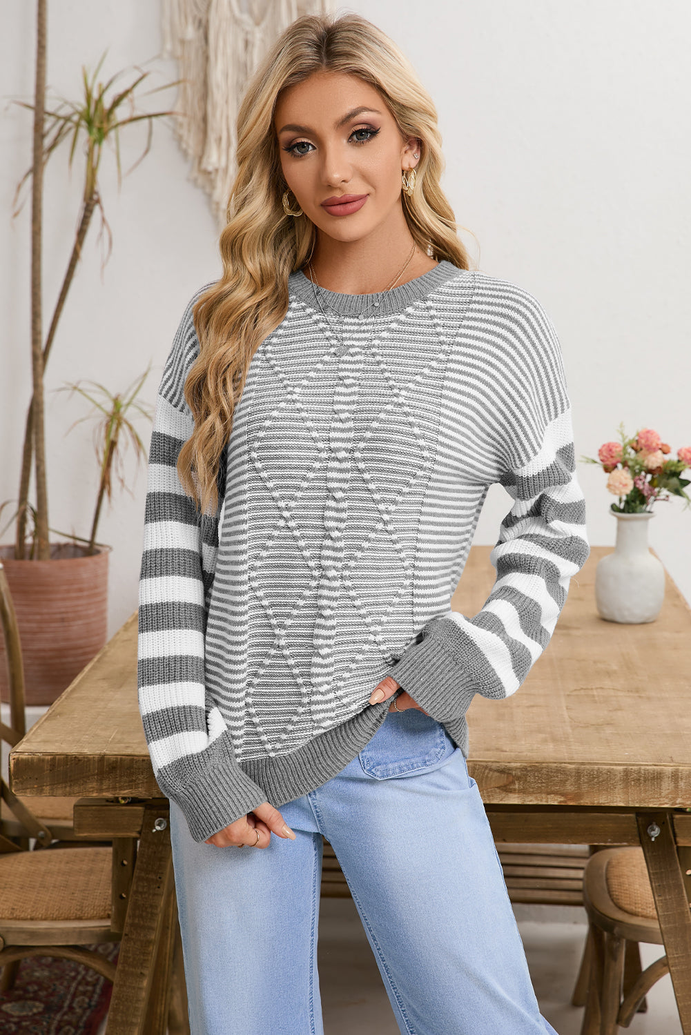 Gray Stripe Twisted Knitted Drop Shoulder Sweater