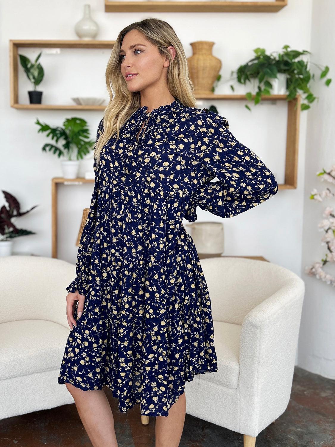 Full Size Printed Ruffle Hem Long Sleeve Tiered Dress