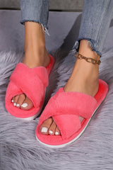 Rose Red Criss Cross Open Toe Fuzzy Slippers