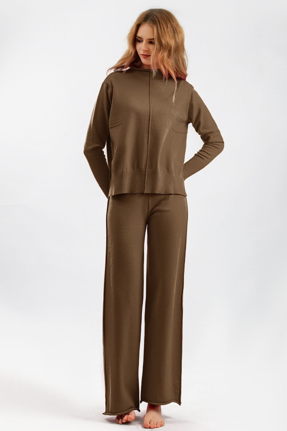 Mock Neck Long Sleeve Top and Pants Sweater Set