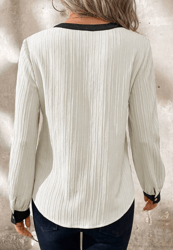 Contrast Notched Long Sleeve Blouse - PD SECRET REALM