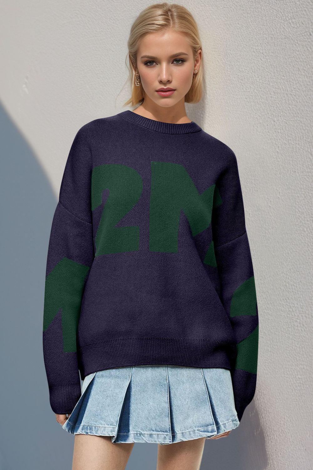 Contrast Letter Round Neck Long Sleeve Sweater