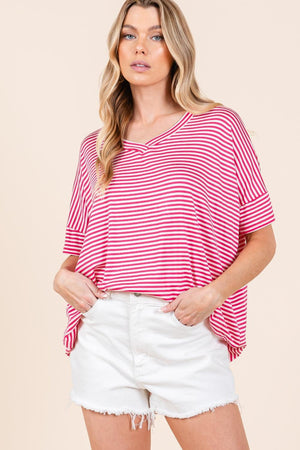 BOMBOM Striped V-Neck T-Shirt - PD SECRET REALM