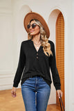 Buttoned Notched Neck Long Sleeve Top - PD SECRET REALM