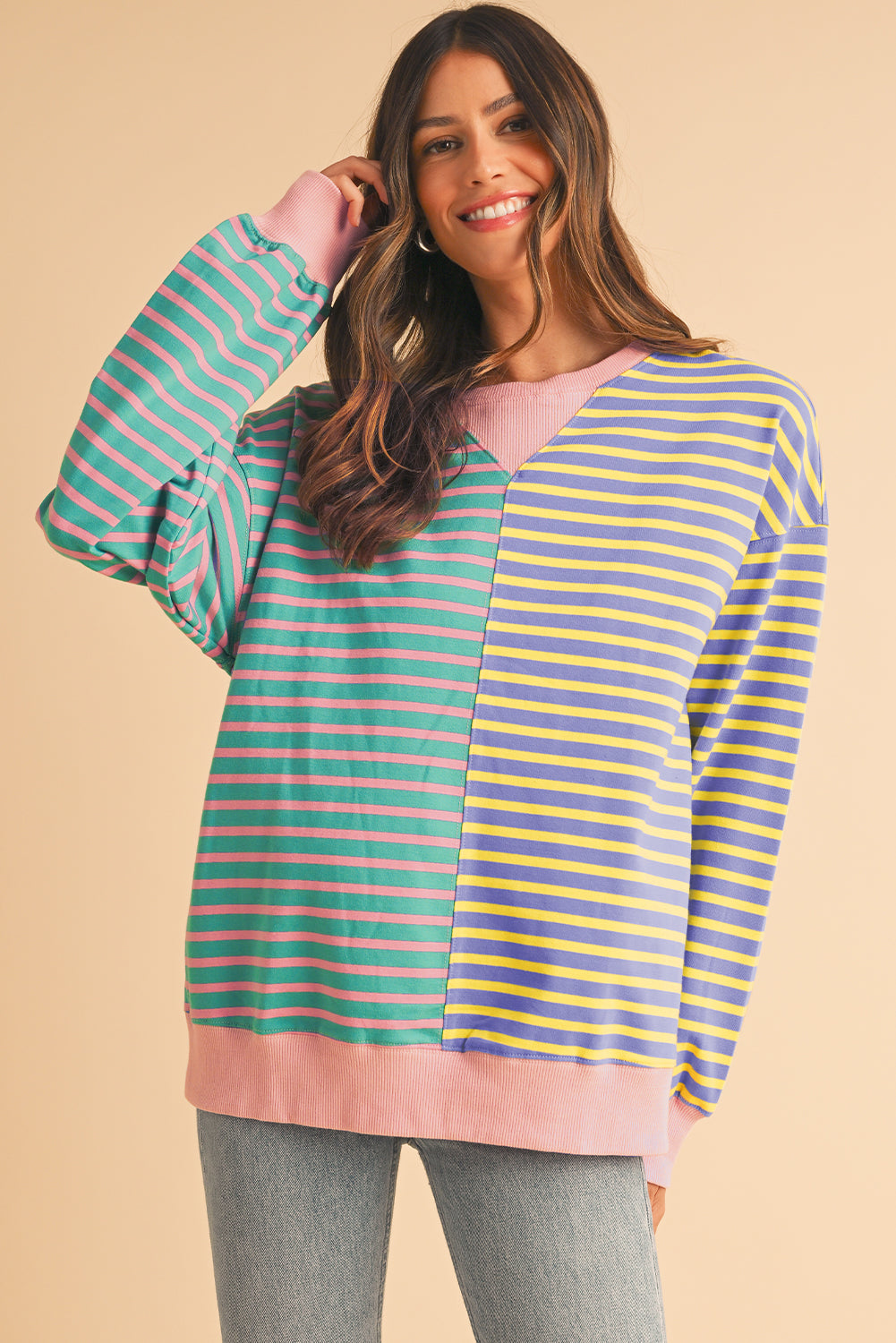 Green Stripe Colorblock Drop Shoulder Oversized Sweatshirt