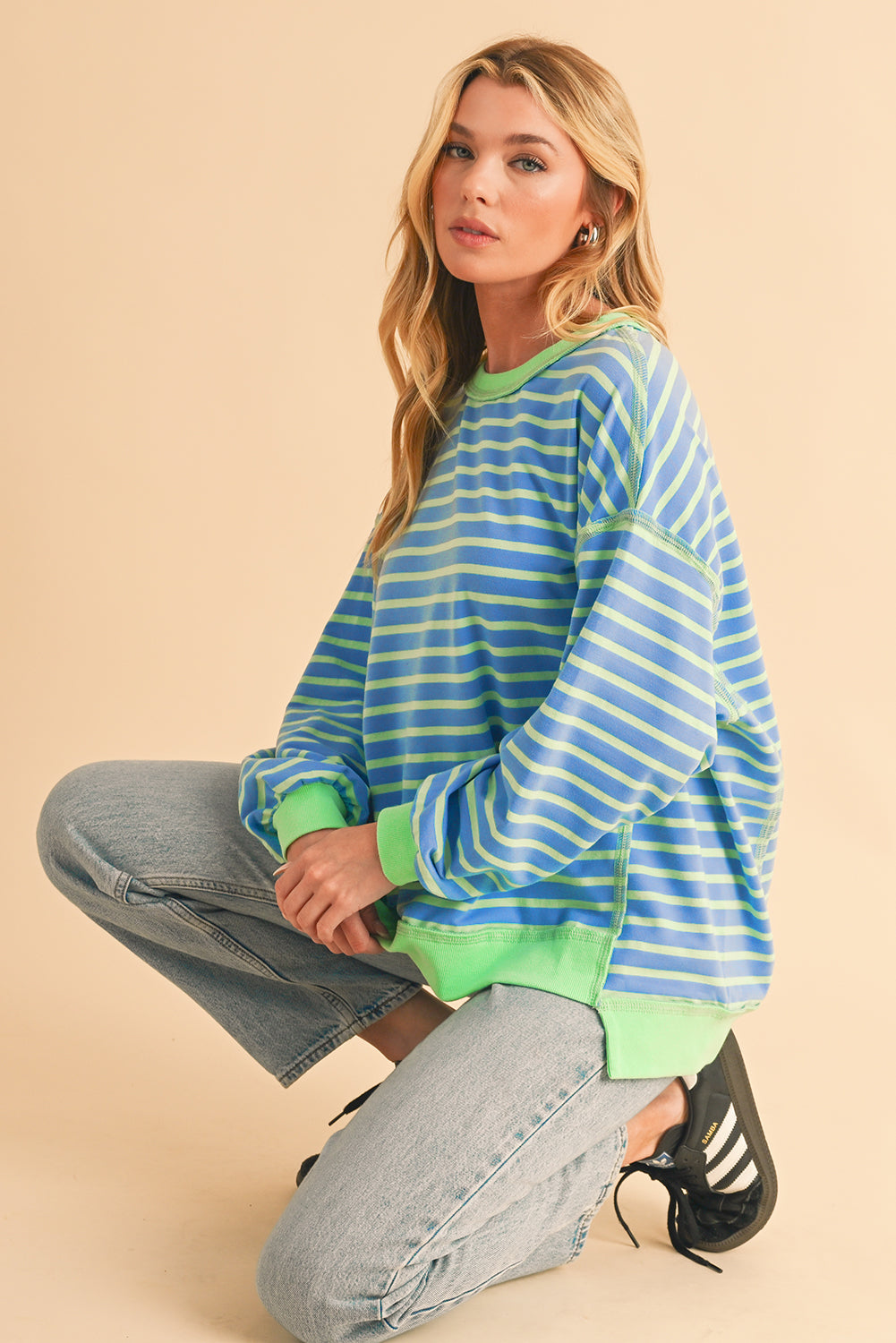 Pink Stripe Contrast Trim High Low Tunic Sweatshirt