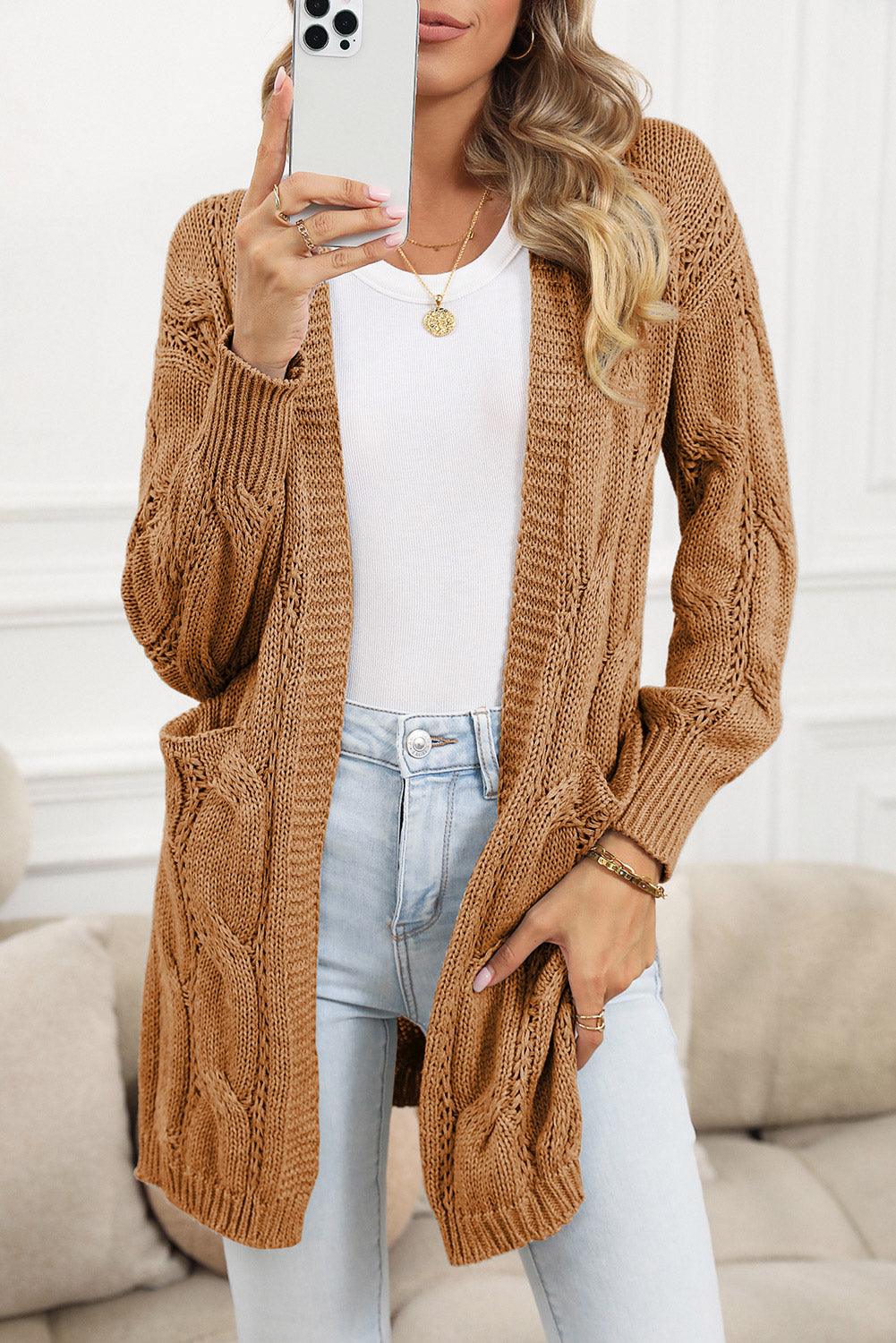 Khaki Ribbed Trim Hollow Knit Side Slits Cardigan