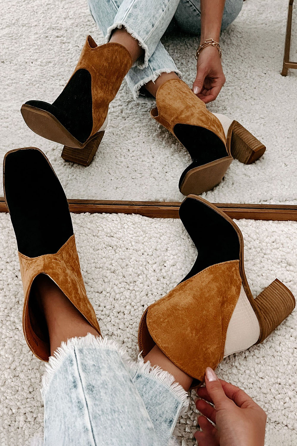 Black Colorblock Suede Heeled Ankle Booties