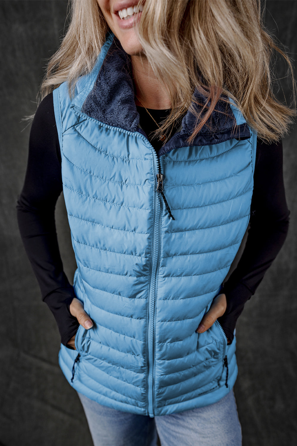 Burgundy Plush Collared Quilted Zipped Puffer Vest