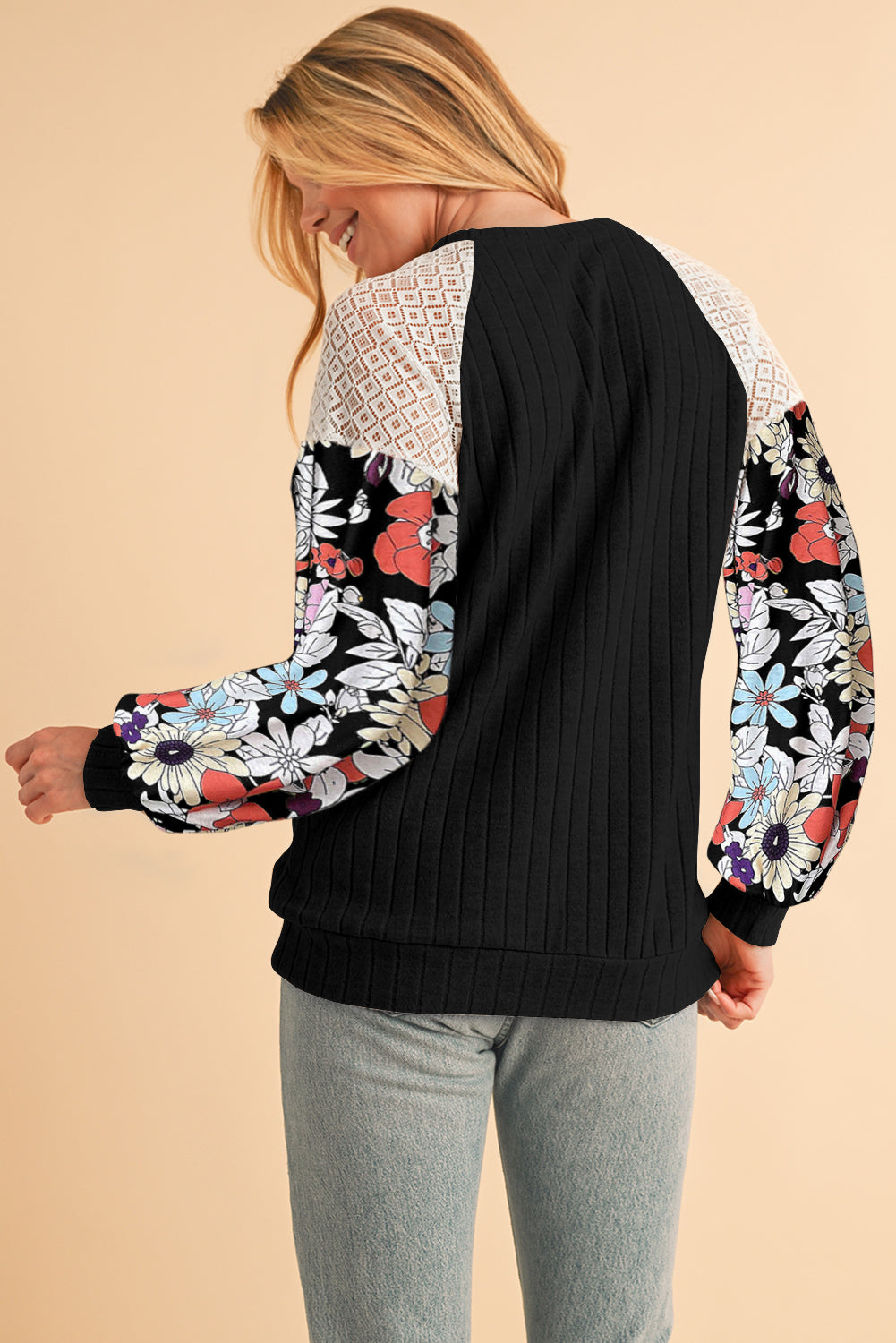 Laurel Green Floral Patchwork Raglan Sleeve Ribbed Blouse