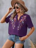 Embroidered Notched Short Sleeve T-Shirt - PD SECRET REALM