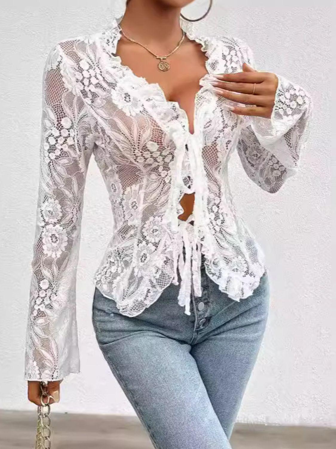 Tied V-Neck Long Sleeve Lace Top - PD SECRET REALM