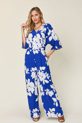 Double Take Full Size Printed Tie Back Wide Leg Jumpsuit