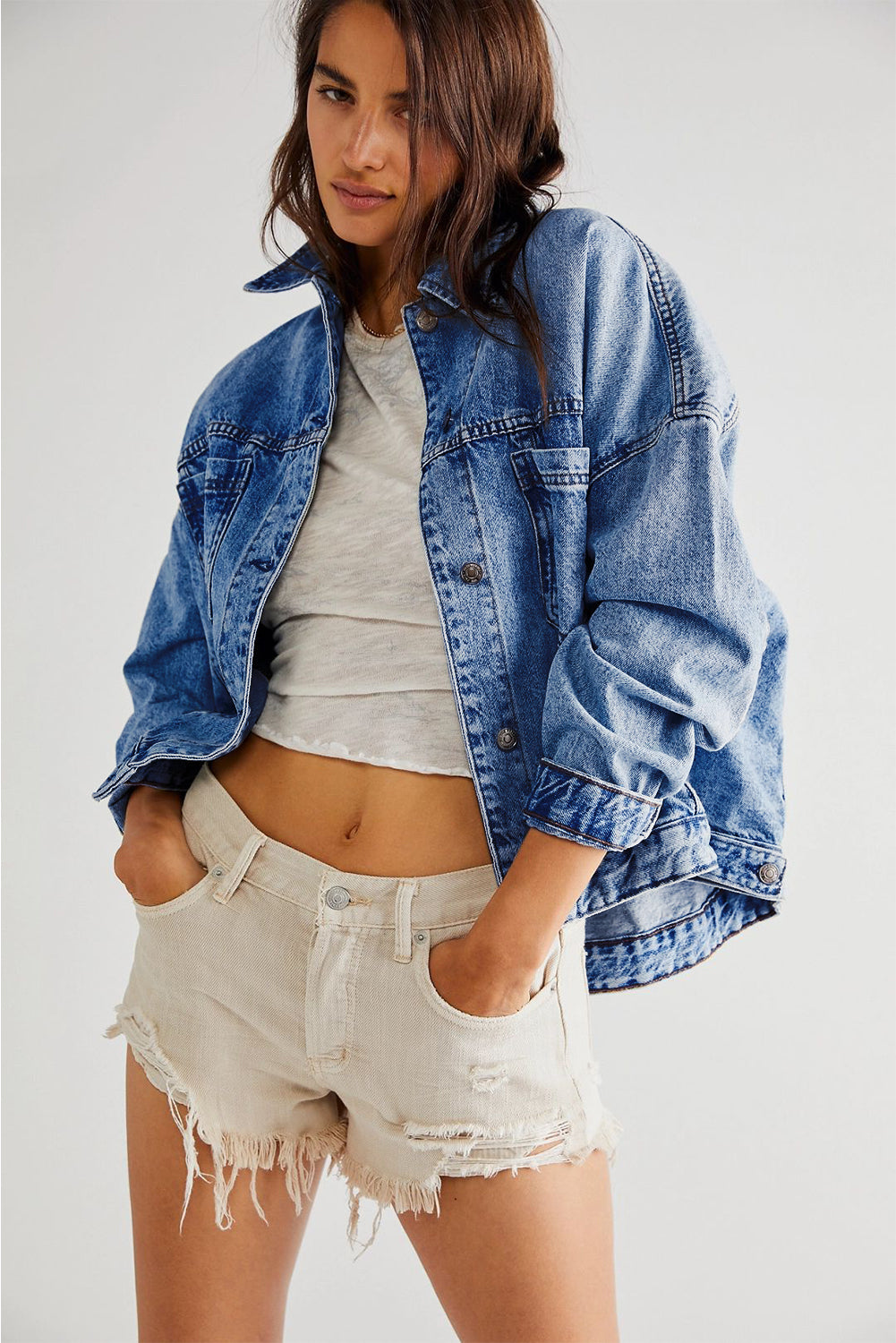 Blue Stripe Washed Oversized Pocketed Denim Jacket