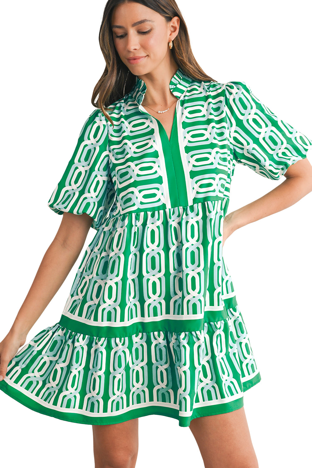 Bright Green Abstract Print V-Neck Puff Sleeve Mini Dress