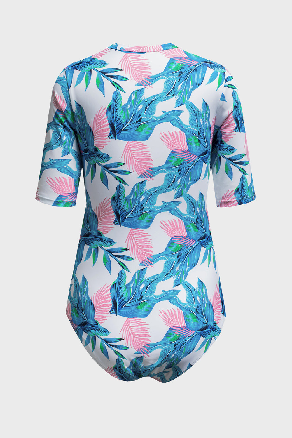 Blue Plant Print Zip Front Half Sleeve One Piece Swimsuit