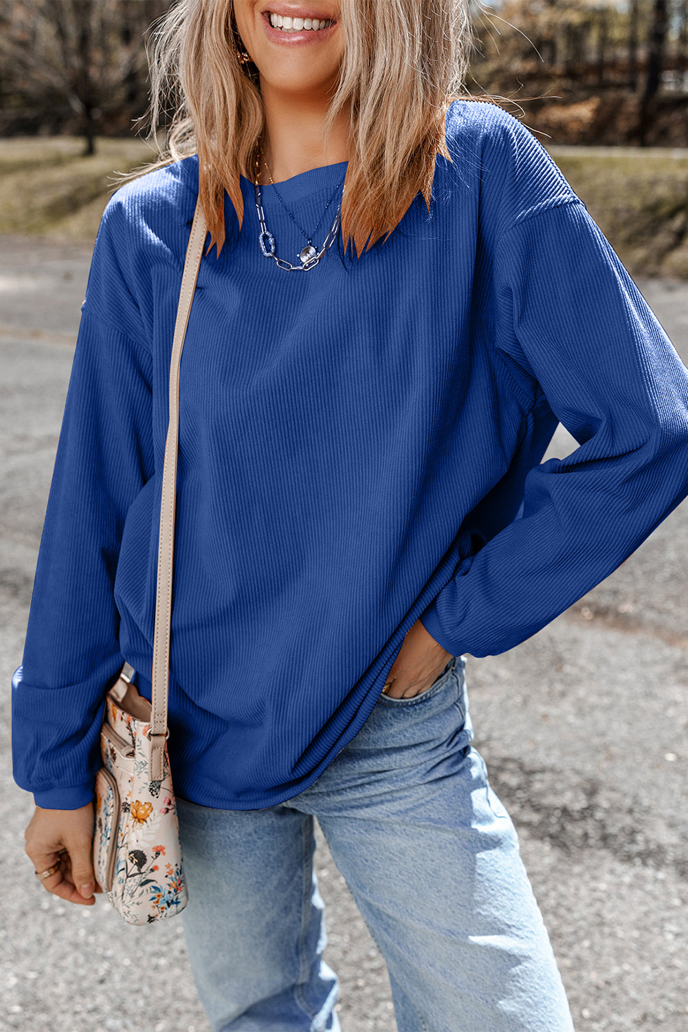 Dark Blue Plain Drop Sleeve Crinkle Rib Oversized Sweatshirt