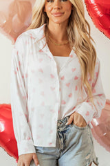 Heart Print Collared Neck Long Sleeve Shirt - PD SECRET REALM