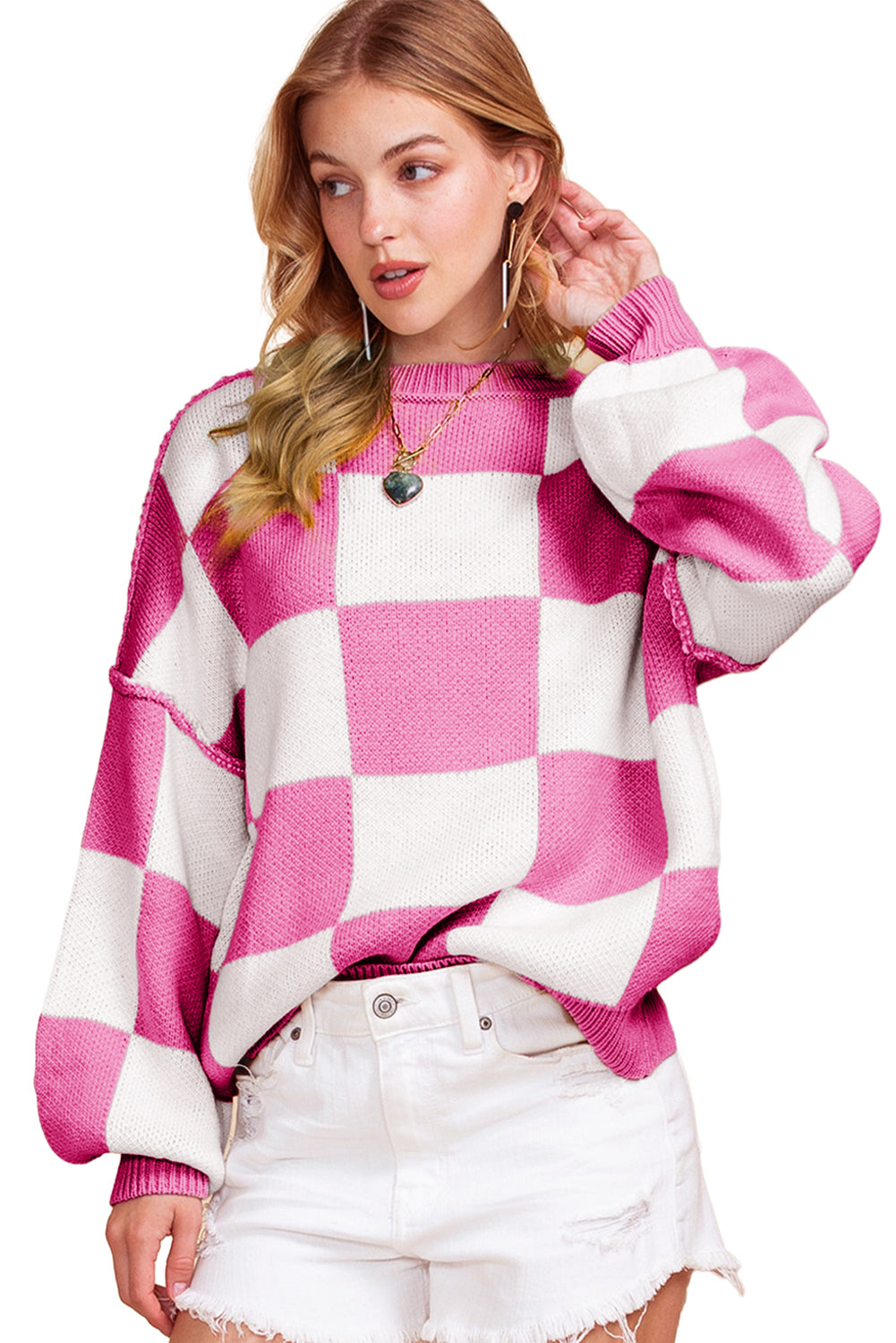 Green Checkered Bishop Sleeve Pullover Sweater