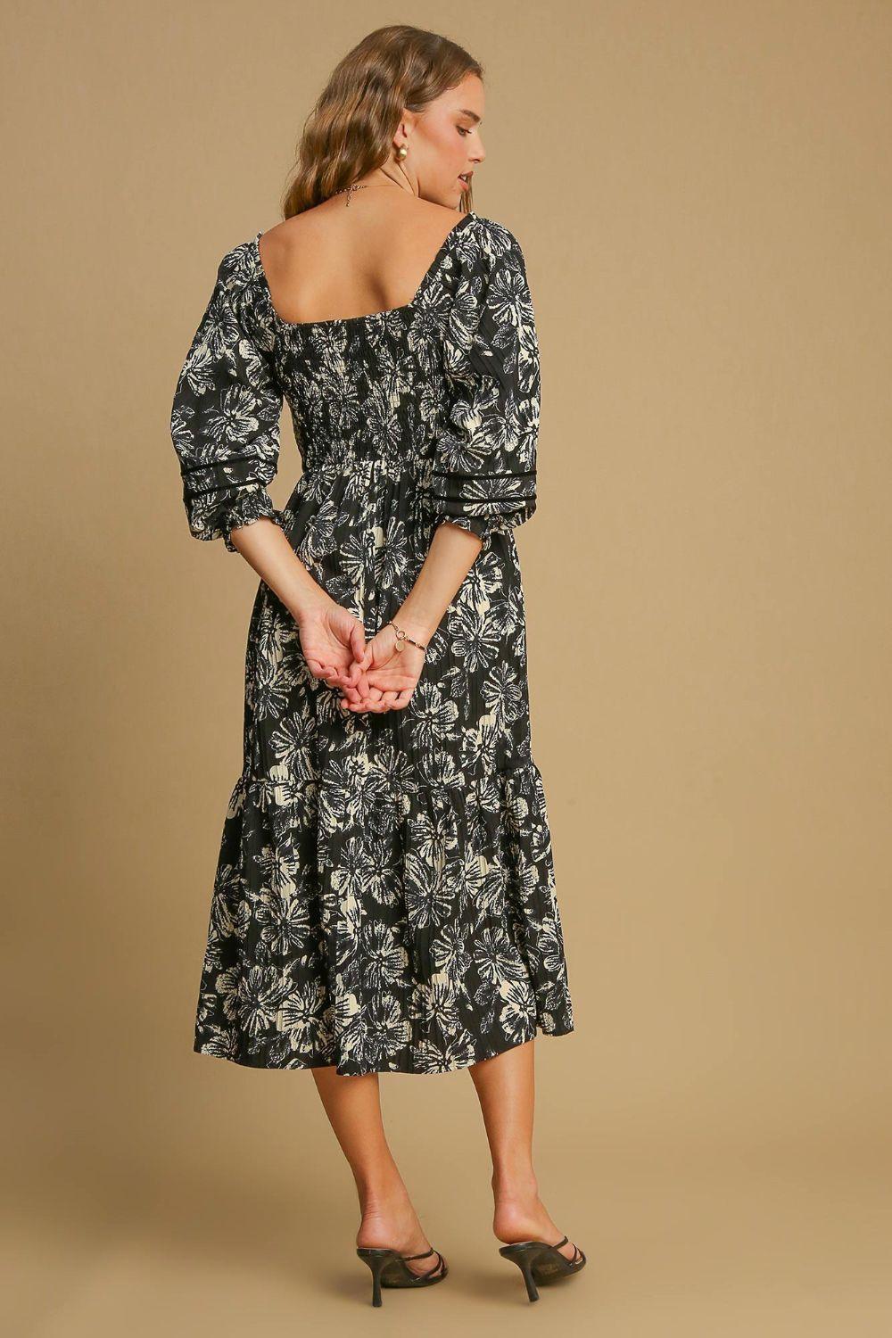 Ruffle Hem Flower Printed V-Neck Dress