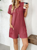 Button Detail Collared Neck Short Sleeve Romper - PD SECRET REALM