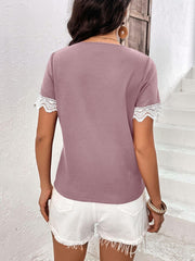 Ivy Lane Decorative Button Spliced Lace Short Sleeve Top