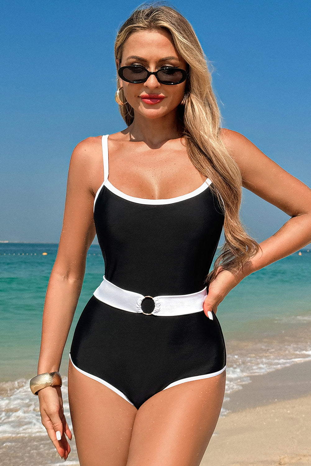 Black Contrast Trim Belted One Piece Swimsuit