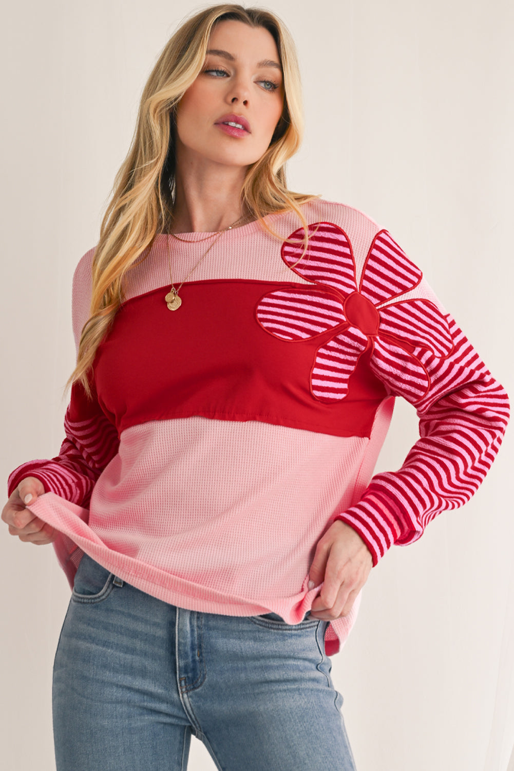 Pink Floral Colorblock Striped Sleeve Crinkle Waffle Patchwork Top