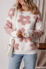 Flower Round Neck Long Sleeve Knit Top