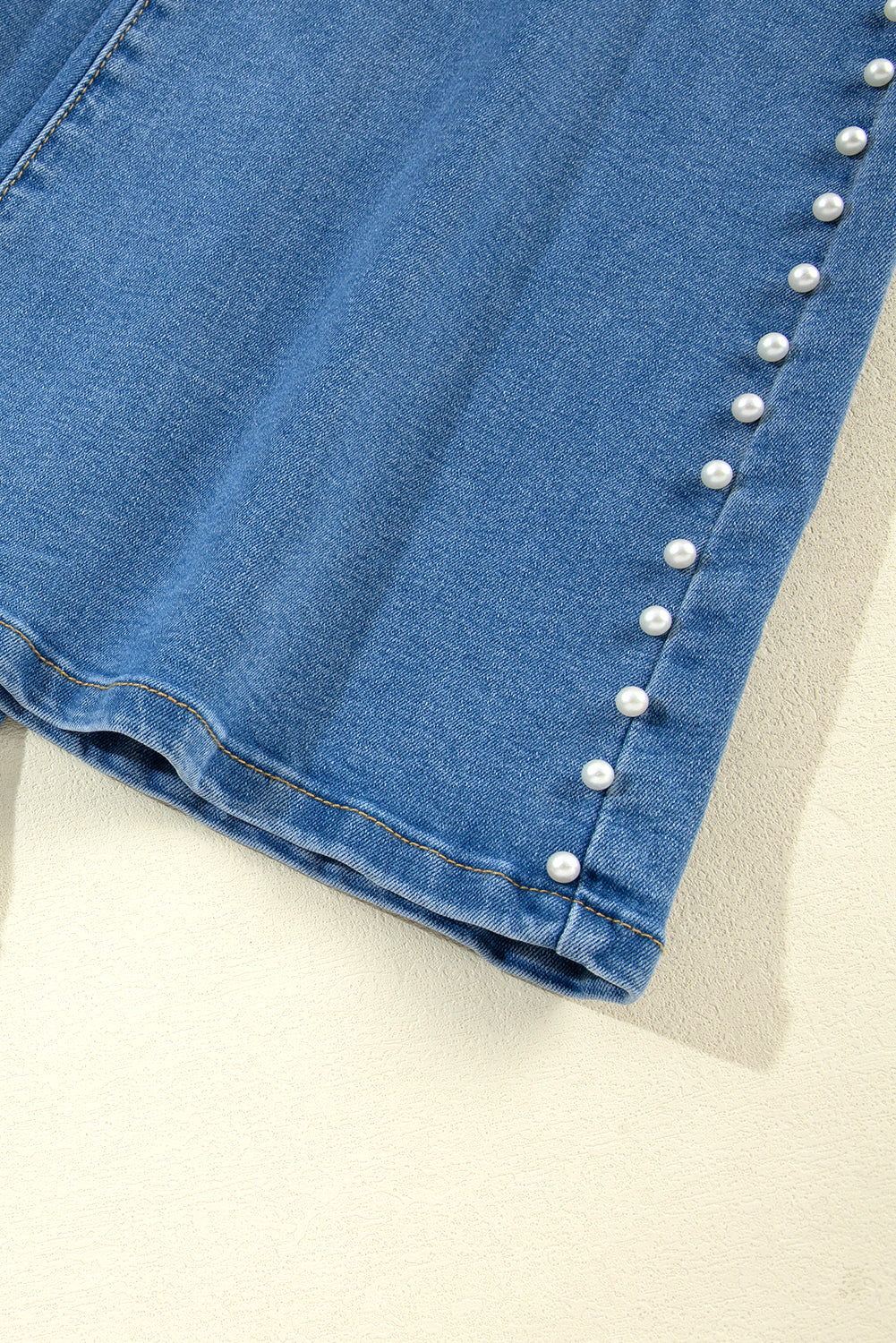 Dusk Blue Pearl Decor High Waist Flared Jeans