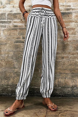 Black Stripe Geometric Print Drawstring Cuff Pants