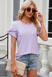 Eyelet Round Neck Petal Sleeve T-Shirt - PD SECRET REALM